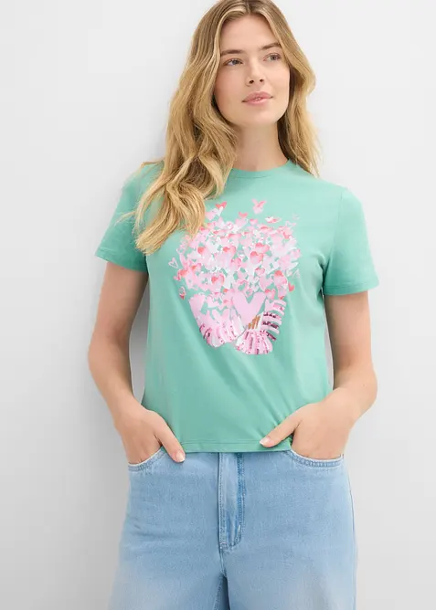 T-Shirt aus reiner Baumwolle in grün von vorne (im Anschnitt) - bonprix