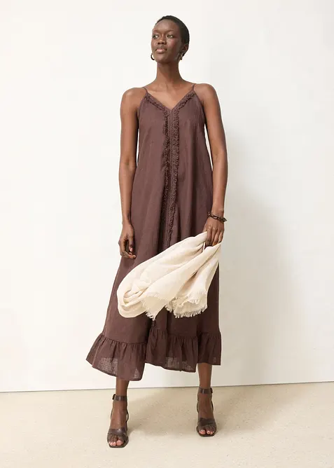 Maxikleid aus reinem Leinen in braun im Look von vorne (Totalaufnahme) - bonprix