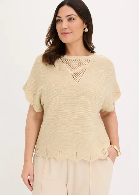 Kurzarm Pullover mit Glitzergarn in beige von vorne (im Anschnitt) - bonprix