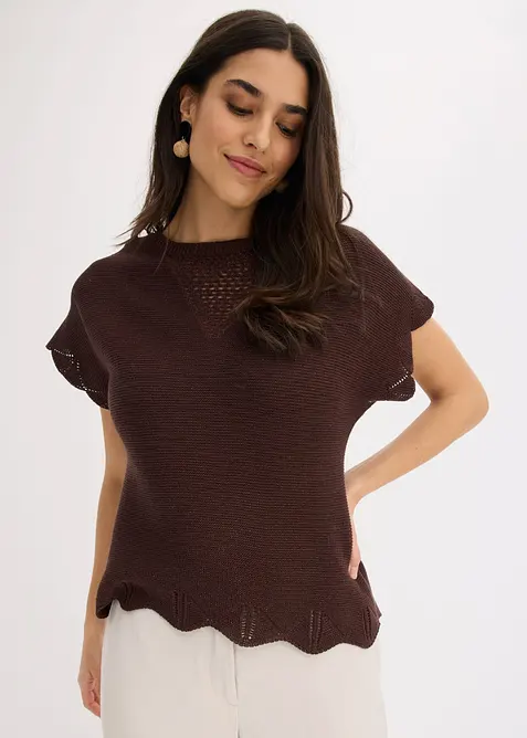 Kurzarm Pullover mit Glitzergarn in braun von vorne (im Anschnitt) - bonprix
