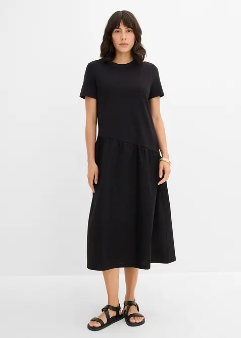 Shirtkleid aus Materialmix in schwarz von vorne (Totalaufnahme) - bonprix