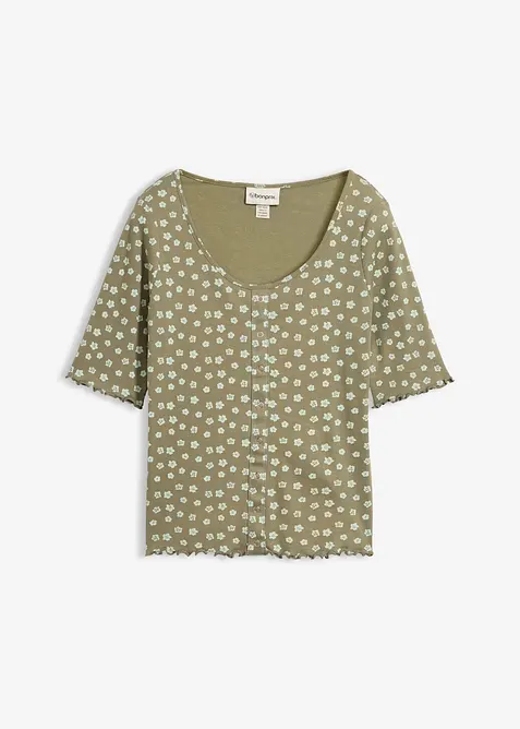 Ripp-Shirt mit Blumendruck aus reiner Baumwolle in grün von vorne - bonprix