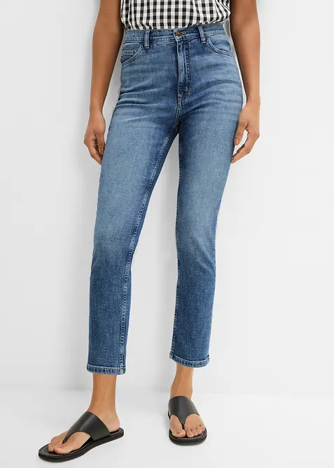 Slim-Fit-Jeans High Waist cropped in blau von vorne - bonprix