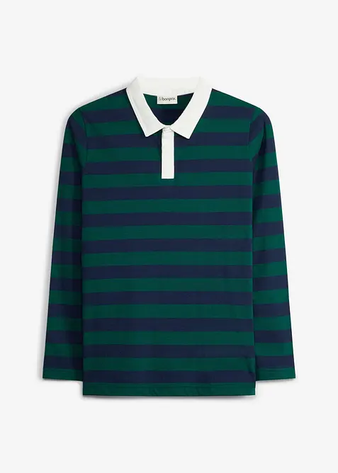 Langarm-Poloshirt aus weicher Bio Baumwolle in blau von vorne - bonprix