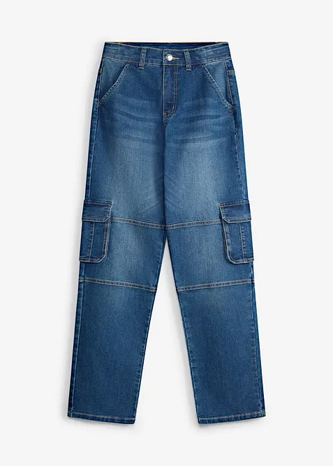Loose-Fit-Cargojeans mit verstellbarem Bund, Straight in blau von vorne - bonprix