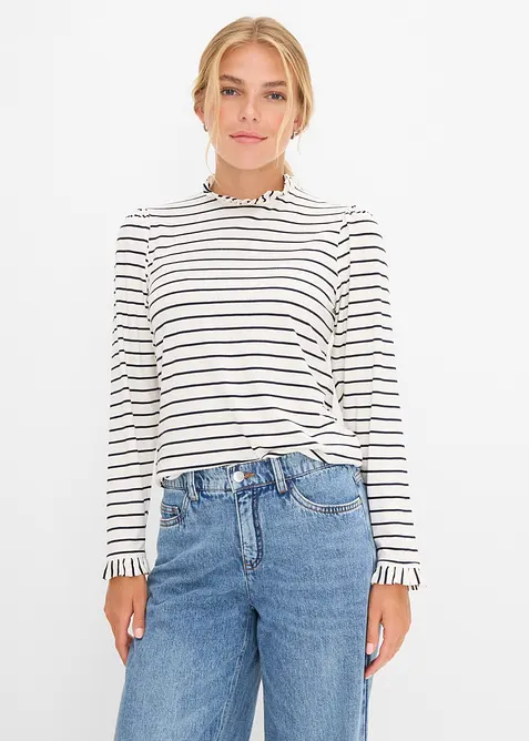 Langarmshirt mit Rüschen in weiß von vorne (im Anschnitt) - bonprix