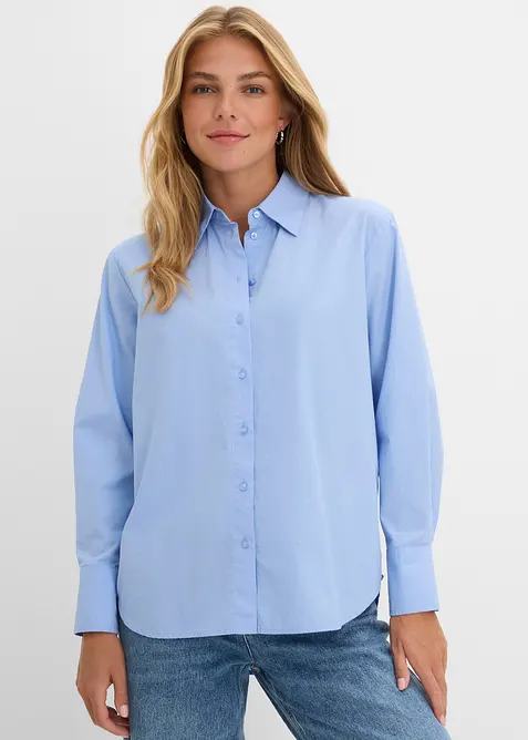 Hemdbluse aus reiner Baumwolle in blau von vorne (im Anschnitt) - bonprix