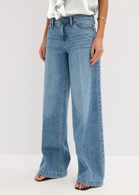 Wide-Leg-Jeans Mid Waist, Low Stretch in blau von vorne - bonprix