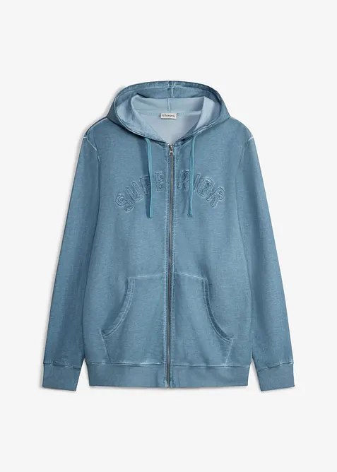 Kapuzen-Sweatjacke in gewaschener Optik aus reiner Baumwolle in blau von vorne - bonprix