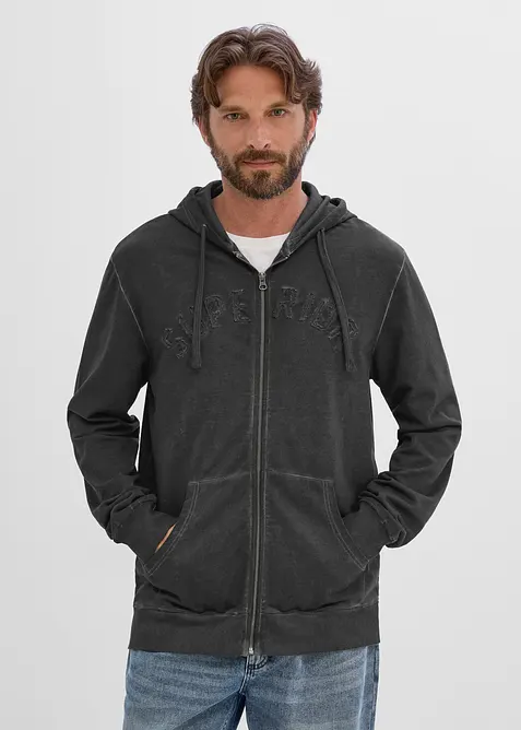 Kapuzen-Sweatjacke in gewaschener Optik aus reiner Baumwolle in grau von vorne (im Anschnitt) - bonprix