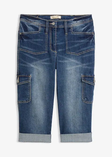 Cargo-Jeans, Mid Waist, Stretch in blau von vorne - bonprix