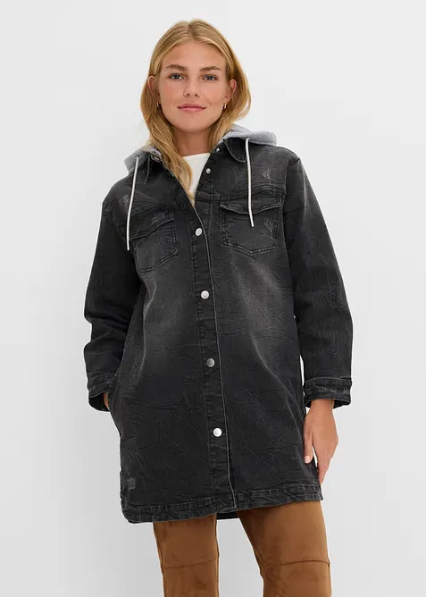 Jeansjacke mit Kapuze in schwarz von vorne (im Anschnitt) - bonprix