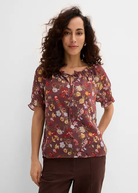 Carmen-Tunikabluse mit Bindedetail in lila von vorne (im Anschnitt) - bonprix
