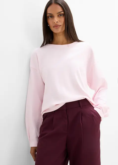 Weites Langarmshirt aus reiner Baumwolle in rosa von vorne (im Anschnitt) - bonprix