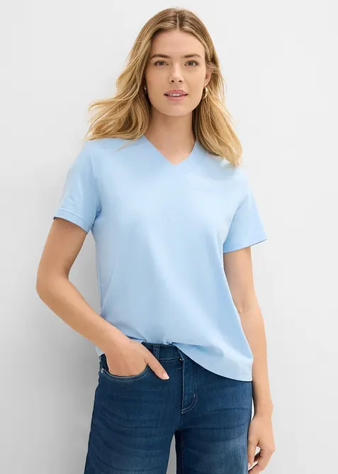 T-Shirt mit V-Ausschnitt aus reiner Bio-Baumwolle(3er Pack) in blau von vorne (im Anschnitt) - bonprix