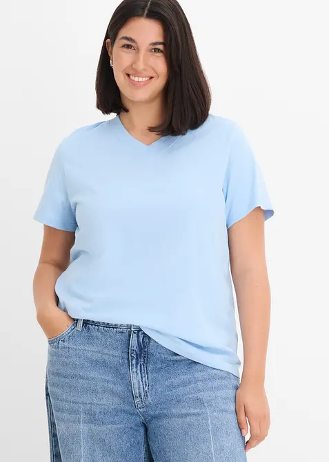 T-Shirt mit V-Ausschnitt aus reiner Bio-Baumwolle(3er Pack) in blau von vorne (im Anschnitt) - bonprix