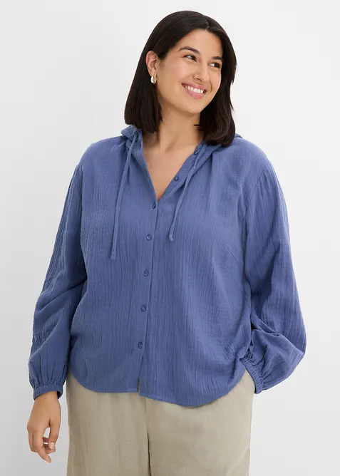 Musselin-Hoodie aus reiner Baumwolle in blau von vorne (im Anschnitt) - bonprix