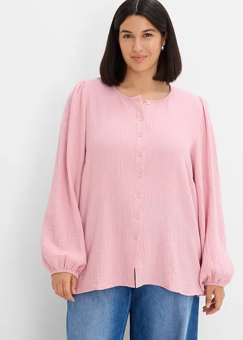 Musselin-Oversize-Bluse aus reiner Baumwolle in rosa von vorne (im Anschnitt) - bonprix