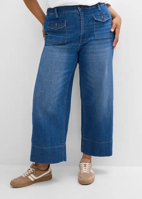 Wide-Leg-Jeans High Waist cropped in blau von vorne - bonprix