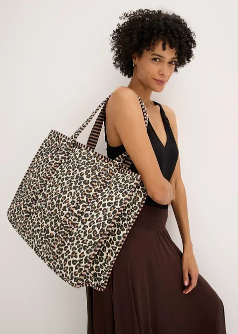 Wendeshopper aus Baumwolle mit Leo Print in beige im Look von vorne (Totalaufnahme) - bonprix