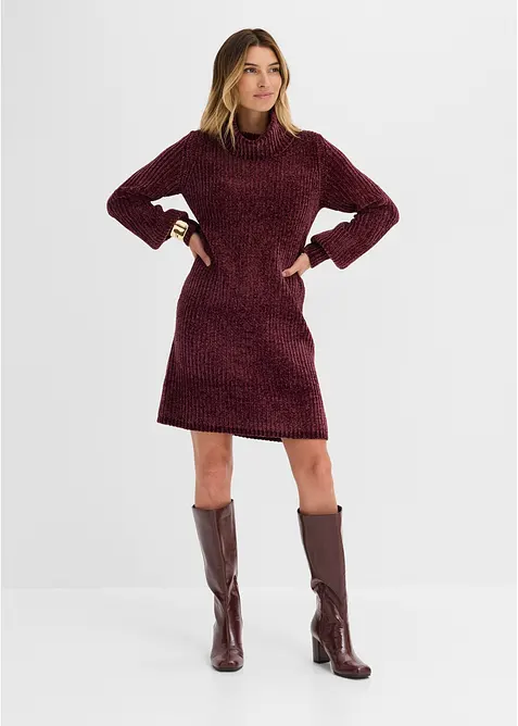Chenille Strickkleid mit weitem Rollkragen in lila von vorne (Totalaufnahme) - bonprix
