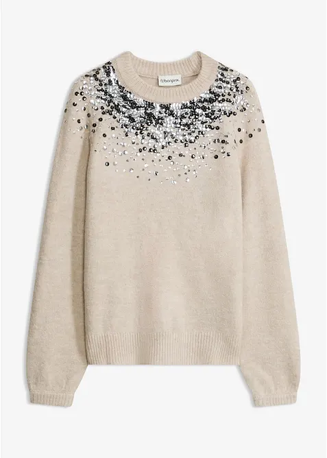 Pullover mit bunten Pailletten in beige von vorne - bonprix