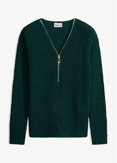 Grobstrick-Pullover mit Reißverschluss-Detail in grün von vorne - bonprix