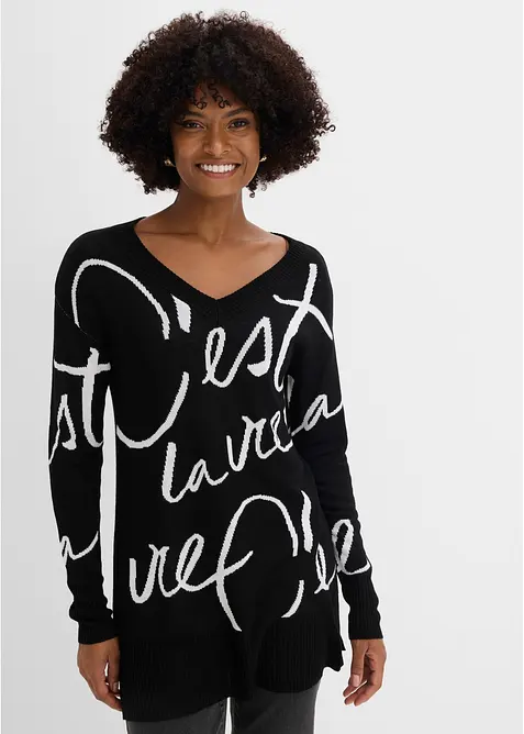 Longpullover mit Schriftzug in schwarz von vorne (im Anschnitt) - bonprix