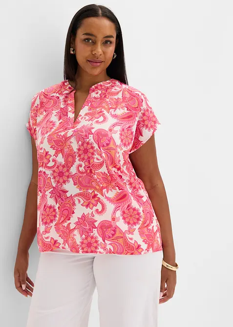 Kurzarmbluse aus fließendem Satin in rosa von vorne (im Anschnitt) - bonprix