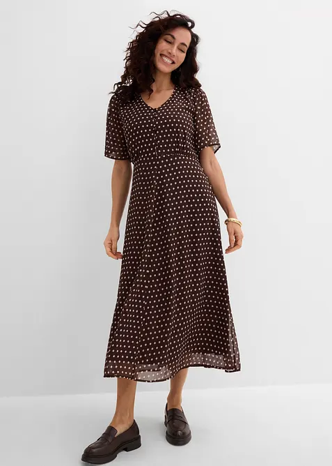 Midikleid aus strukturiertem Chiffon in braun von vorne (Totalaufnahme) - bonprix