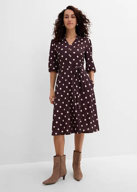 Jerseykleid mit Bindeband in braun von vorne (Totalaufnahme) - bonprix