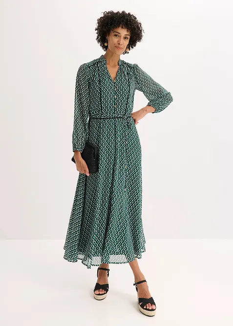 Chiffonkleid mit Kontrast-Pipings in schwarz von vorne (Totalaufnahme) - bonprix