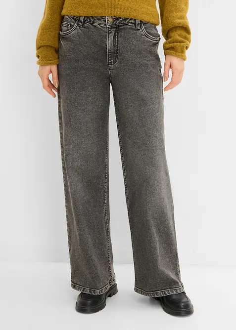 Wide-Leg-Jeans Mid Waist in grau von vorne - bonprix