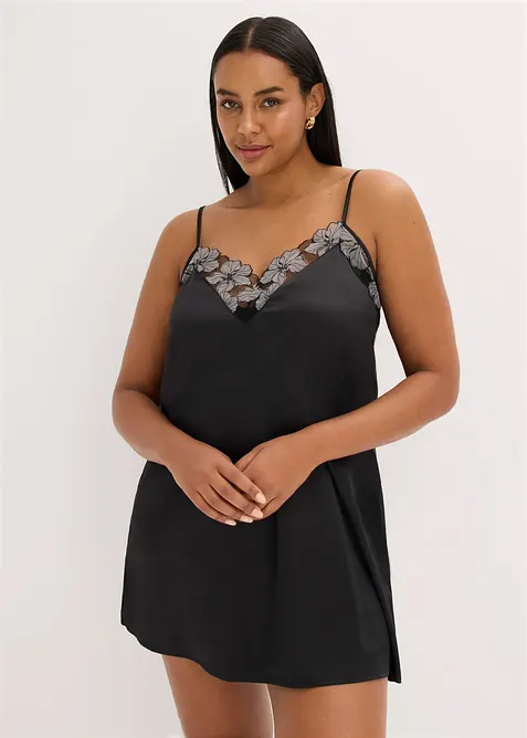Satin Negligé mit edler Stickerei in schwarz von vorne (Totalaufnahme) - bonprix
