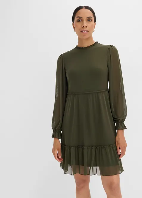 Jerseykleid aus feinem Mesh in grün von vorne (Totalaufnahme) - bonprix