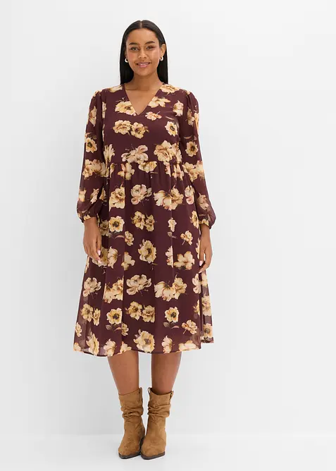 Bedrucktes Midikleid mit V-Ausschnitt in braun von vorne (Totalaufnahme) - bonprix