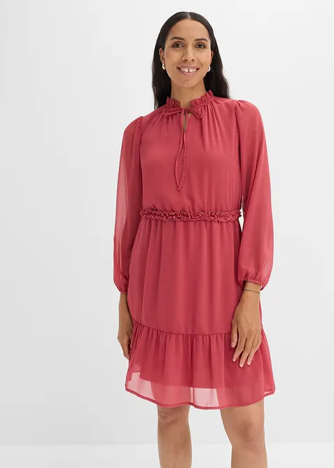 Chiffonkleid mit Rüschendetails in rot von vorne (Totalaufnahme) - bonprix