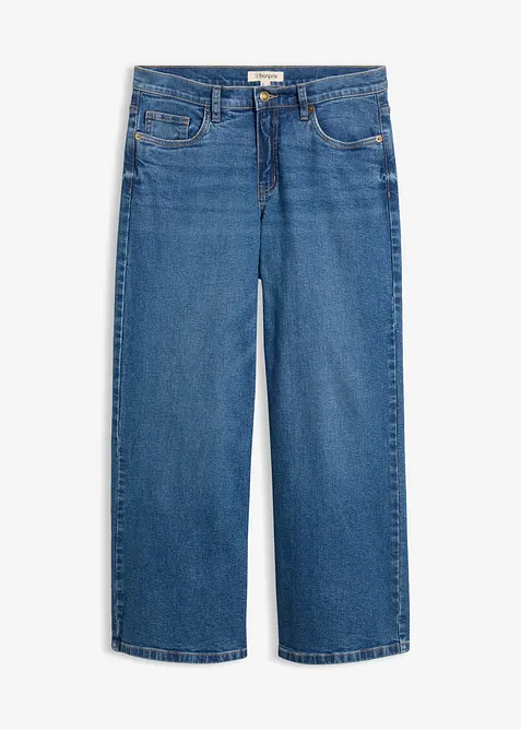 Wide-Leg-Jeans Mid Waist, cropped in blau von vorne - bonprix