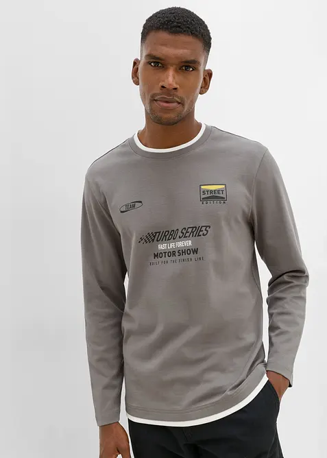 Langarmshirt in 2-in-1-Optik aus reiner Bio-Baumwolle in grau von vorne (im Anschnitt) - bonprix