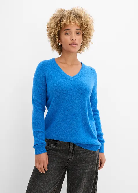 Strickpullover mit V-Ausschnitt, Oversized Fit in blau von vorne (im Anschnitt) - bonprix