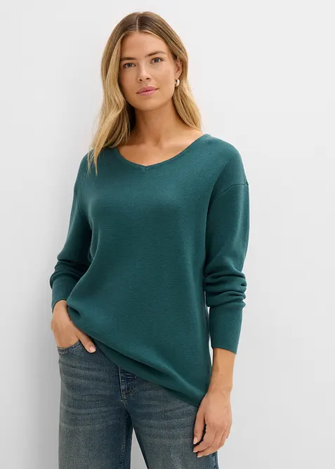 Milano Rib Pullover mit V-Ausschnitt in petrol von vorne (im Anschnitt) - bonprix