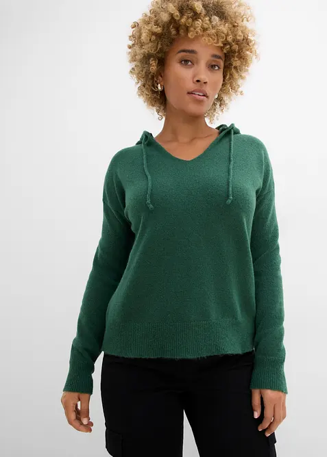 Strick-Pullover mit V-Ausschnitt und Kapuze in grün von vorne (im Anschnitt) - bonprix