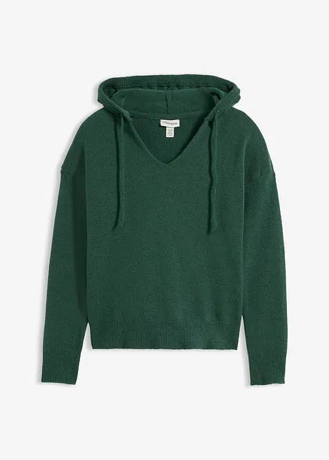 Strick-Pullover mit V-Ausschnitt und Kapuze in grün von vorne - bonprix