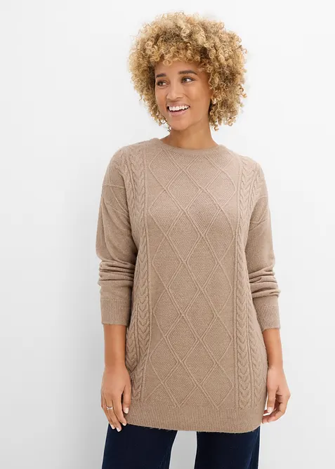 Oversize-Pullover mit Zopfmuster in braun von vorne (im Anschnitt) - bonprix