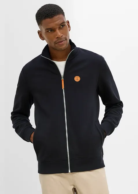 Stehkragen-Sweatjacke aus weichem Baumwoll-Mix in schwarz von vorne (im Anschnitt) - bonprix