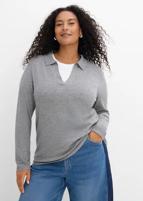 Strick-Poloshirt aus feiner Viskose in grau von vorne (im Anschnitt) - bonprix