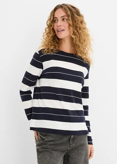 Langarmshirt aus schwerer Baumwolle in blau von vorne (im Anschnitt) - bonprix