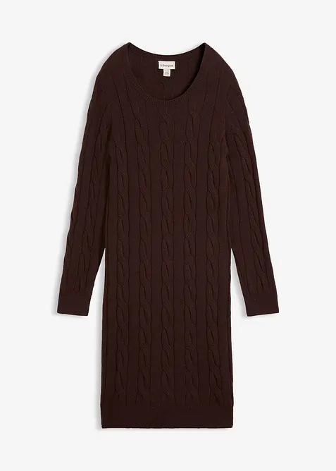 Strickkleid mit Wolle und Zopfmuster in braun von vorne - bonprix