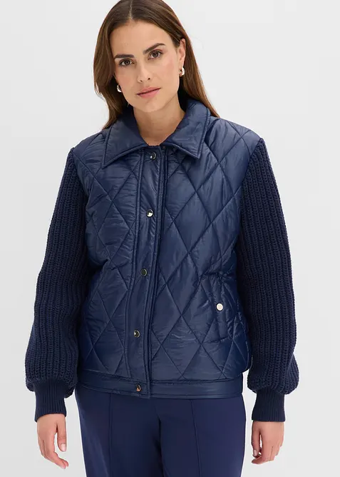 Wasserabweisender Stepp-Blouson mit Strickärmeln in blau von vorne (im Anschnitt) - bonprix