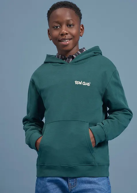 Hoodie aus weicher Bio Baumwolle mit großem Rückendruck in grün von vorne (im Anschnitt) - bonprix
